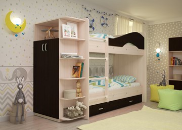 Двухэтажная детская кровать ТМК Мая на щитах со шкафом и ящиками, корпус Млечный дуб, фасад Венге в Пскове