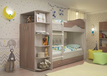 Детская двухэтажная кровать ТМК Мая на щитах со шкафом и ящиками, корпус Шимо светлый, фасад Шимо темный в Пскове
