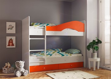 Детская 2-этажная кровать Мая с 2 ящиками на щитах, корпус Млечный дуб, фасад Оранжевый в Пскове