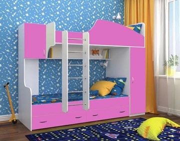 Детская кровать-шкаф Юниор-2, каркас Белое дерево, фасад Розовый в Пскове