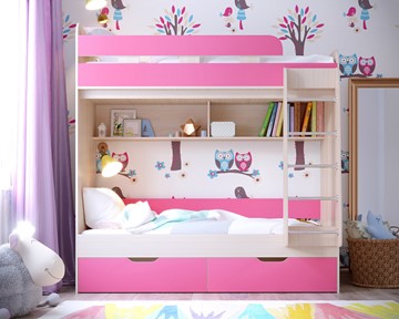 Двухъярусная детская кровать Ярофф Юниор-5, каркас Дуб, фасад Розовый в Пскове