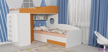 Кровать-чердак в детскую Кадет-2 с металлической лестницей, корпус Белое дерево, фасад Оранжевый в Пскове