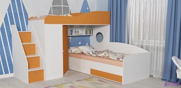 Детская кровать-чердак Кадет-2 с универсальной лестницей, корпус Белое дерево, фасад Оранжевый в Пскове
