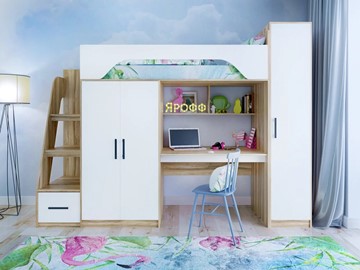 Кровать-чердак в детскую с шкафом Тея, каркас Ясень, фасад Белый в Пскове