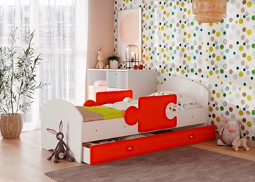 Детская кровать с ящиком и бортиками Мозайка, корпус Белый/фасад Оранжевый (ламели) в Пскове