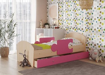 Кровать детская с бортиками и ящиком Мозайка, корпус Млечный дуб/фасад Розовый (ламели) в Пскове