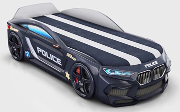 Детская кровать-машина Romeo-М Police + подсветка фар, ящик, матрас, Черный в Пскове