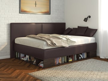 Детская 1,5-спальная кровать Lancaster 1, 120х200, ЛДСП венге, экокожа коричневая в Пскове