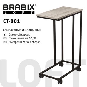 Журнальный стол BRABIX "LOFT CT-001", 450х250х680 мм, на колёсах, металлический каркас, цвет дуб антик, 641860 в Пскове