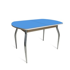 Кухонный обеденный стол ПГ-05 СТ2, дуб молочный/синие стекло/35 хром гнутые металл в Пскове