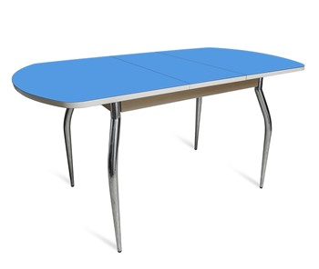 Раздвижной стол ПГ-07 СТ2, дуб молочный/синие стекло/35 хром гнутые металл в Пскове