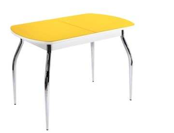 Кухонный стол раскладной ПГ-07 СТ2, белое/желтое стекло/35 хром гнутые металл в Пскове