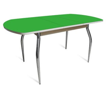 Обеденный раздвижной стол ПГ-07 СТ2, дуб молочный/зеленое стекло/35 хром гнутые металл в Пскове