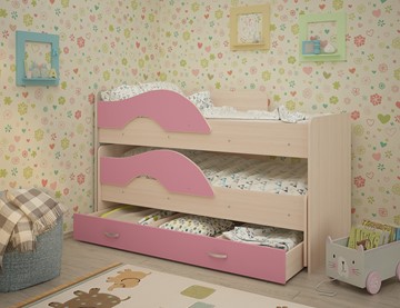 Двухэтажная детская кровать Радуга 1.6 с ящиком, корпус Млечный дуб, фасад Розовый в Пскове
