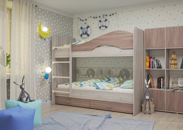 Детская 2-х ярусная кровать Мая с 2 ящиками на щитах, корпус Шимо светлый, фасад Шимо темный в Пскове - изображение