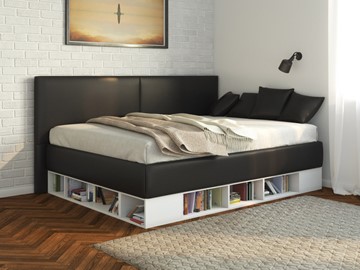 Подростковая кровать Lancaster 1, 140х200, ЛДСП белая, экокожа черная в Пскове