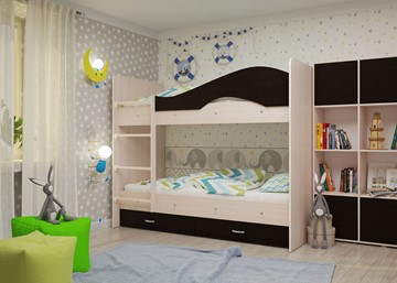 Детская  двухъярусная кровать Мая с 2 ящиками на щитах, корпус Млечный дуб, фасад Венге в Пскове - предосмотр 1