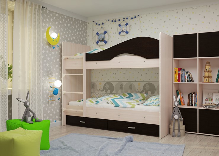 Детская  двухъярусная кровать Мая с 2 ящиками на щитах, корпус Млечный дуб, фасад Венге в Пскове - изображение 1
