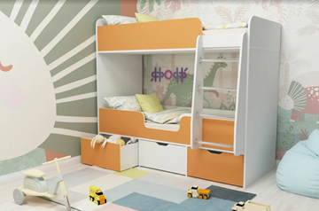 Двухэтажная детская кровать Малыш двойняшка 70х160, корпус Белое дерево, фасад Оранжевый в Пскове