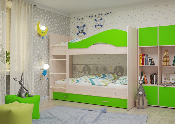 Детская 2-этажная кровать Мая на щитах, корпус Млечный дуб, фасад Салатовый в Пскове - изображение 2