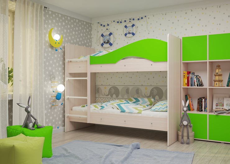 Детская 2-этажная кровать Мая на щитах, корпус Млечный дуб, фасад Салатовый в Пскове - изображение 1