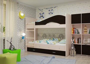 Двухэтажная детская кровать Мая на щитах со шкафом и ящиками, корпус Млечный дуб, фасад Венге в Пскове - предосмотр 1