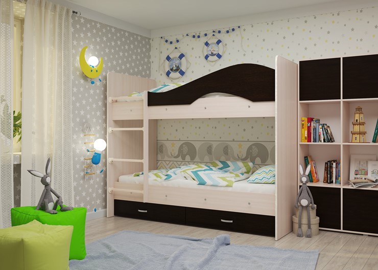 Двухэтажная детская кровать Мая на щитах со шкафом и ящиками, корпус Млечный дуб, фасад Венге в Пскове - изображение 1
