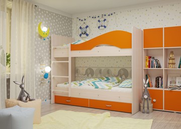 Детская 2-этажная кровать Мая с 2 ящиками на щитах, корпус Млечный дуб, фасад Оранжевый в Пскове - предосмотр 3