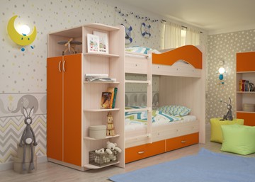 Детская 2-этажная кровать Мая с 2 ящиками на щитах, корпус Млечный дуб, фасад Оранжевый в Пскове - предосмотр 1