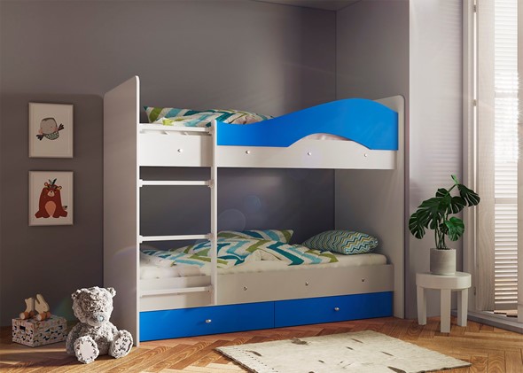 Кровать 2-ярусная Мая с 2 ящиками на щитах, корпус Млечный дуб, фасад Синий в Пскове - изображение