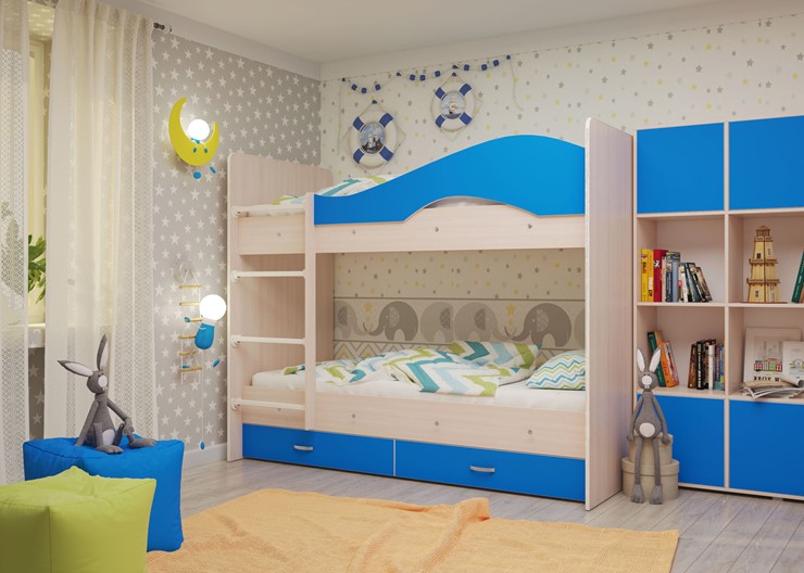 Кровать 2-ярусная Мая с 2 ящиками на щитах, корпус Млечный дуб, фасад Синий в Пскове - изображение 3