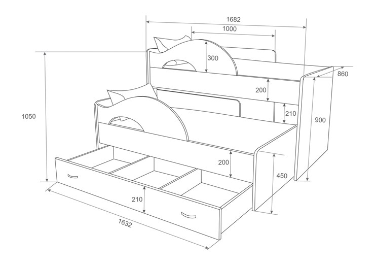 Двухэтажная кровать Радуга 1.6 с ящиком, цвет Млечный дуб в Пскове - изображение 1