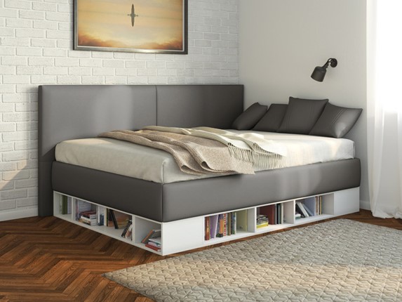Подростковая кровать Lancaster 1, 120х200, ЛДСП белая, экокожа серая в Пскове - изображение