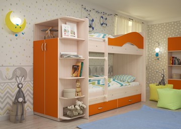 Детская двухъярусная кровать Мая на щитах со шкафом и ящиками, корпус Млечный дуб, фасад Оранжевый в Пскове