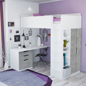 Кровать-чердак с письменным столом и шкафом POLINI Kids Simple Белый / Бетон в Пскове - предосмотр 1