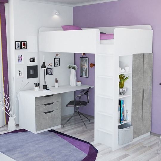 Кровать-чердак с письменным столом и шкафом POLINI Kids Simple Белый / Бетон в Пскове - изображение 1