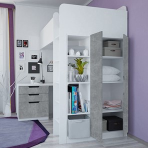 Кровать-чердак с письменным столом и шкафом POLINI Kids Simple Белый / Бетон в Пскове - предосмотр 2