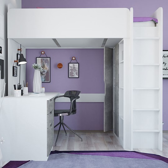 Кровать-чердак с письменным столом и шкафом POLINI Kids Simple Белый / Бетон в Пскове - изображение 5