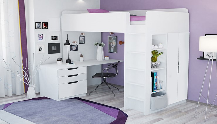 Кровать-чердак с письменным столом и шкафом POLINI Kids Simple Белый в Пскове - изображение 1