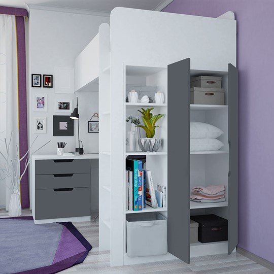 Детская кровать с письменным столом и шкафом POLINI Kids Simple Белый / Серый в Пскове - изображение 1