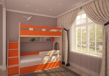 Двухэтажная детская кровать Юниор-1 с бортом, каркас Дуб, фасад Оранжевый в Пскове