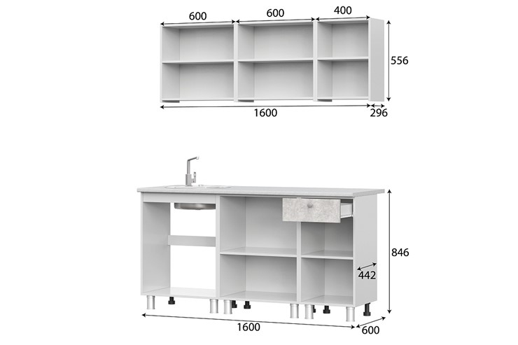 Кухонный гарнитур КГ-1 1600, белый/белый/цемент светлый/антарес в Пскове - изображение 2