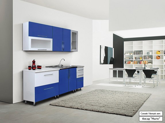 Гарнитур на кухню Мыло 224 2000х718, цвет Синий/Белый металлик в Пскове - изображение