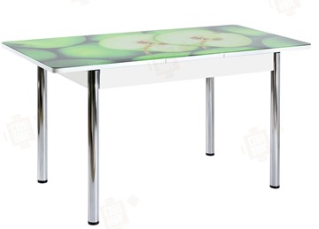 Обеденный раздвижной стол Айсберг-02 СТФ, белое лдсп/зеленые яблоки/ноги хром прямые в Пскове