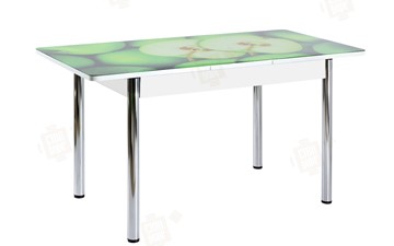 Обеденный раздвижной стол Айсберг-01 СТФ, белый/фотопечать зеленые яблоки/ноги хром круглые в Пскове