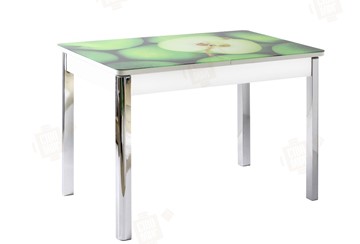 Кухонный стол раскладной Айсберг-01 СТФ, белый/фотопечать зеленые яблоки/ноги хром квадратные в Пскове