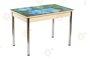Кухонный стол раскладной Айсберг-01 СТФ, дуб/фотопечать фиалка/ноги хром прямые круглые в Пскове