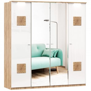 Шкаф 4х-дверный Фиджи с 2 зеркалами и декоративными накладками, Дуб золотой/Белый в Пскове