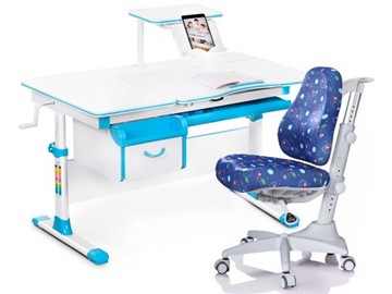 Комплект растущая парта + стул Mealux Mealux EVO Evo-40 BL (арт. Evo-40 BL + Y-528 F) / (стол+полка+кресло) / белая столешница / цвет пластика голубой в Пскове