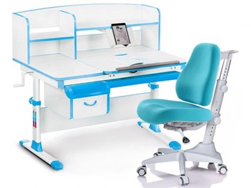 Комплект растущая парта + стул Mealux-EVO Evo-50 BL (арт. Evo-50 BL + Y-528 KBL) / (стол+полка+кресло) / белая столешница / цвет пластика голубой в Пскове